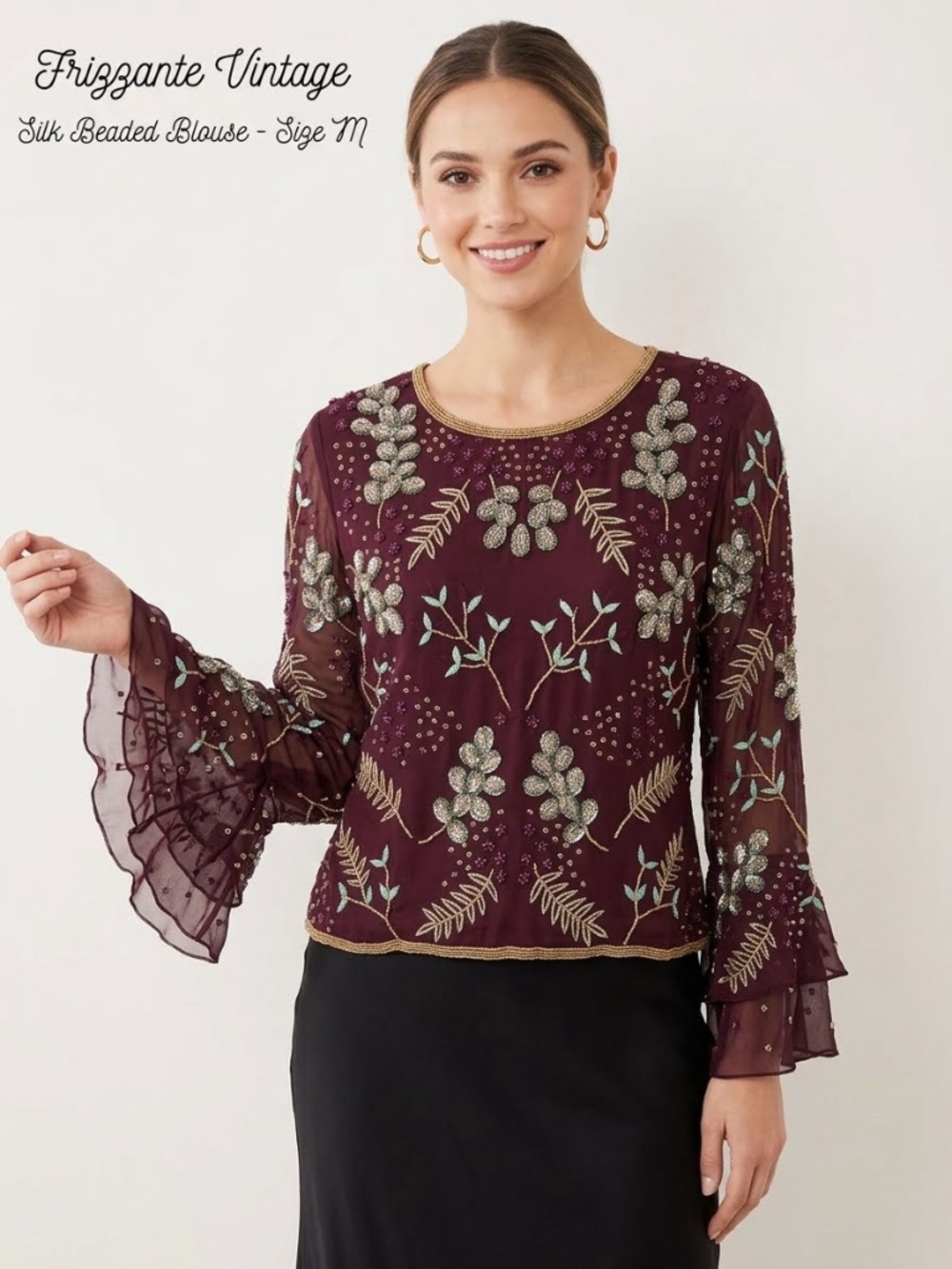 Vintage Frizzante 100% Silk Beaded Blouse Top Burgundy Size M Ruffle Sleeve